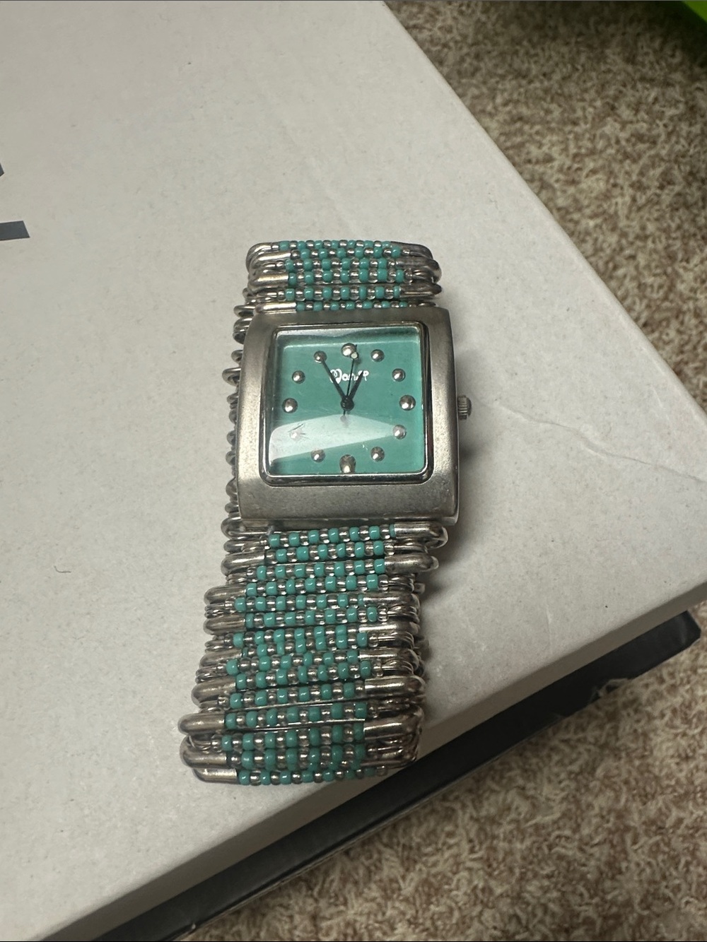 Turquoise safety pin beaded  Square-Face Watch
